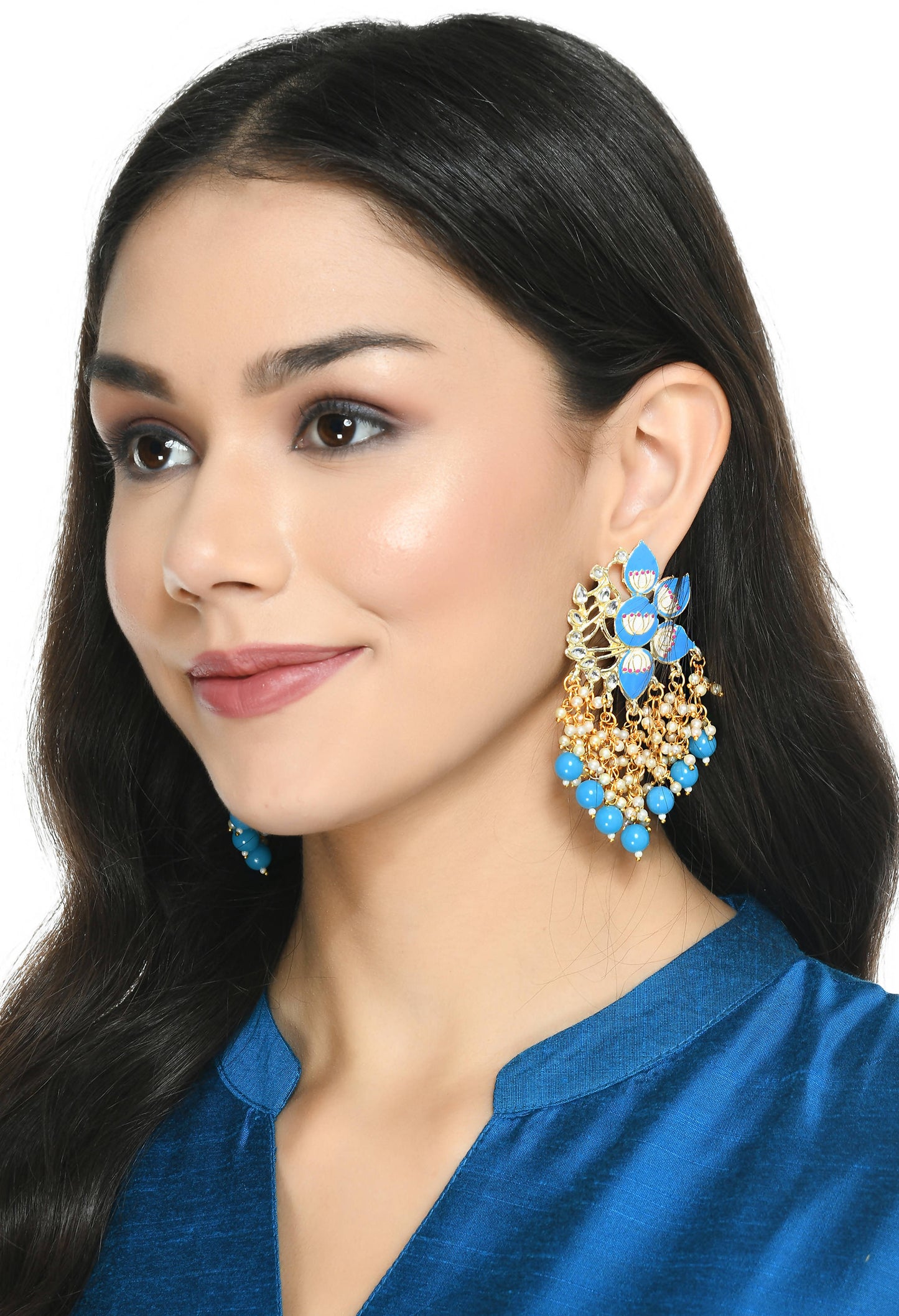 Mominos Fashion Johar Kamal Gold-Polished Kundan Sky Blue Meenakari Earrings - Swadesiicart