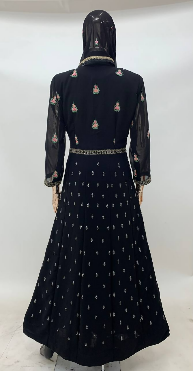 Lorenvalley Fashion Black Faux Georgette Embroidery Work Gown Jacket Stitched | Swadesiicart
