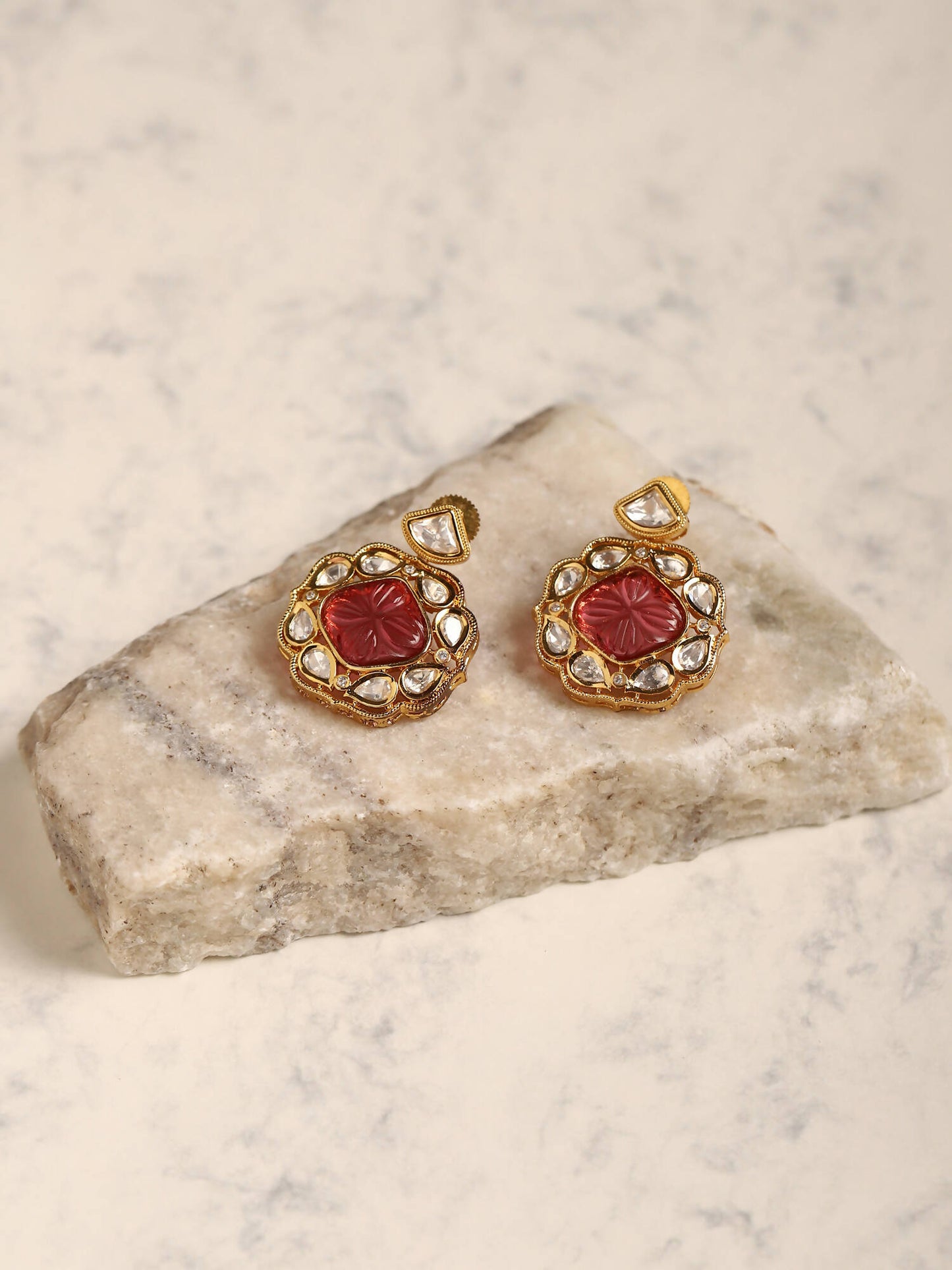 Pink Gold-Polished Contemporary Drop Earrings - Ruby Raang | Swadesiicart