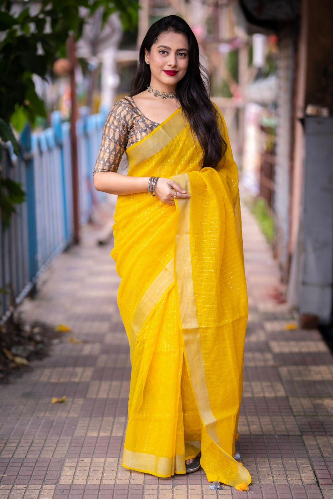 Mustard Linen Sequence Saree with Unstitched Blouse - Hiral Fashion | Swadesiicart