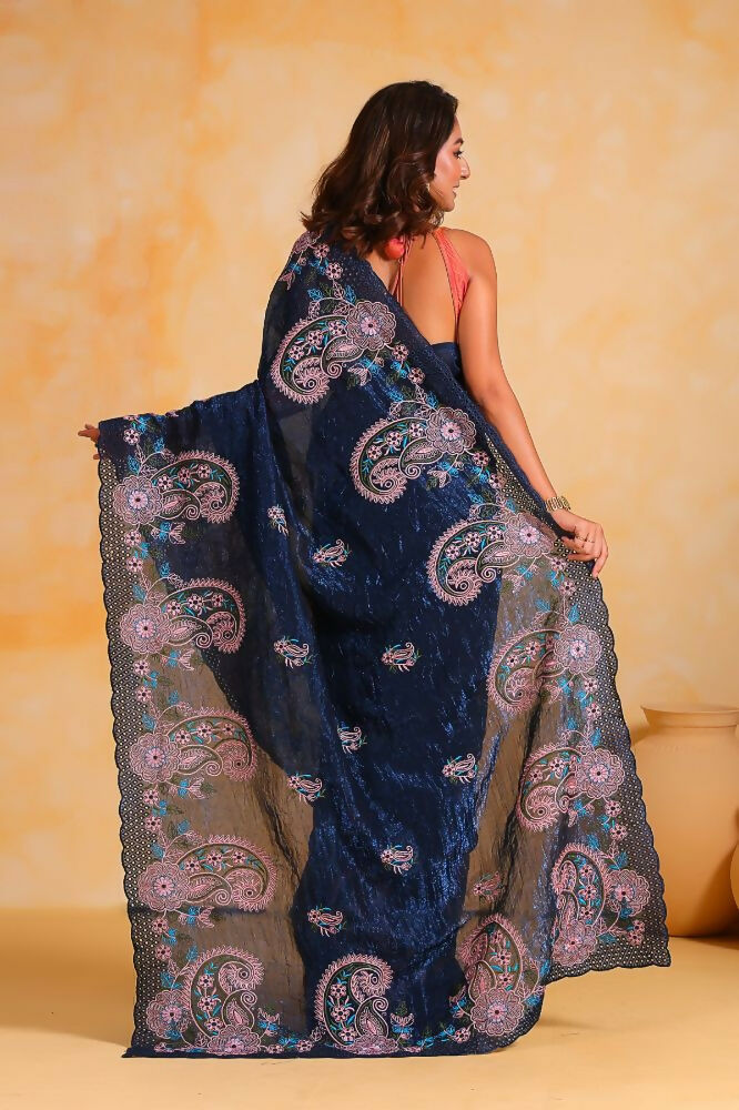 Vamsee Suhanisha Navy Blue Korean Shimmer Silk Saree - Swadesiicart