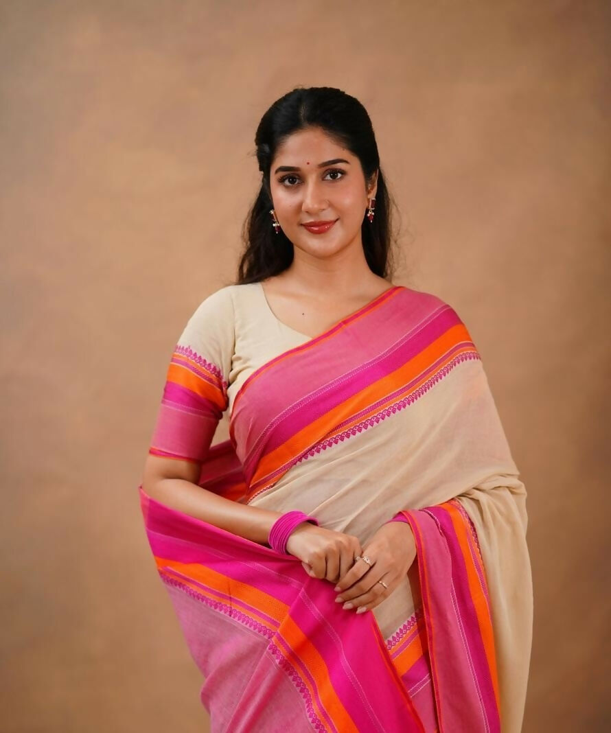 Exclusive Collection Beige Beautiful Khadi Cotton Handloom Saree - Swadesiicart