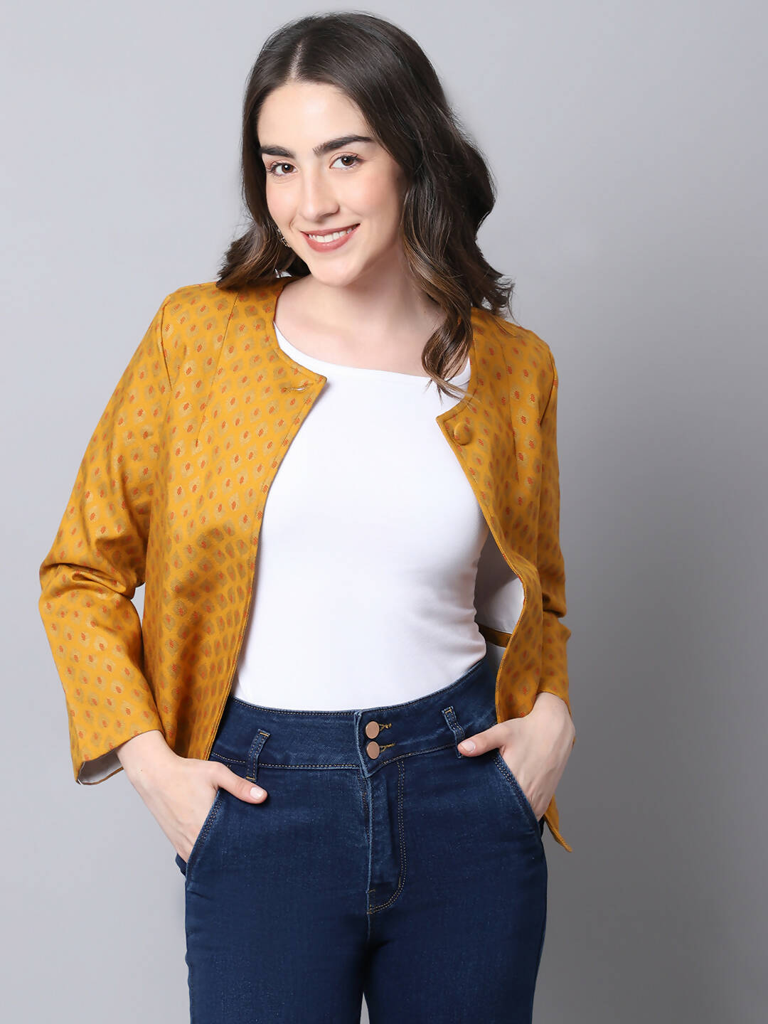 Even Apparels Yellow 100% Viscose Open Front Statement Women's Jacket | Swadesiicart