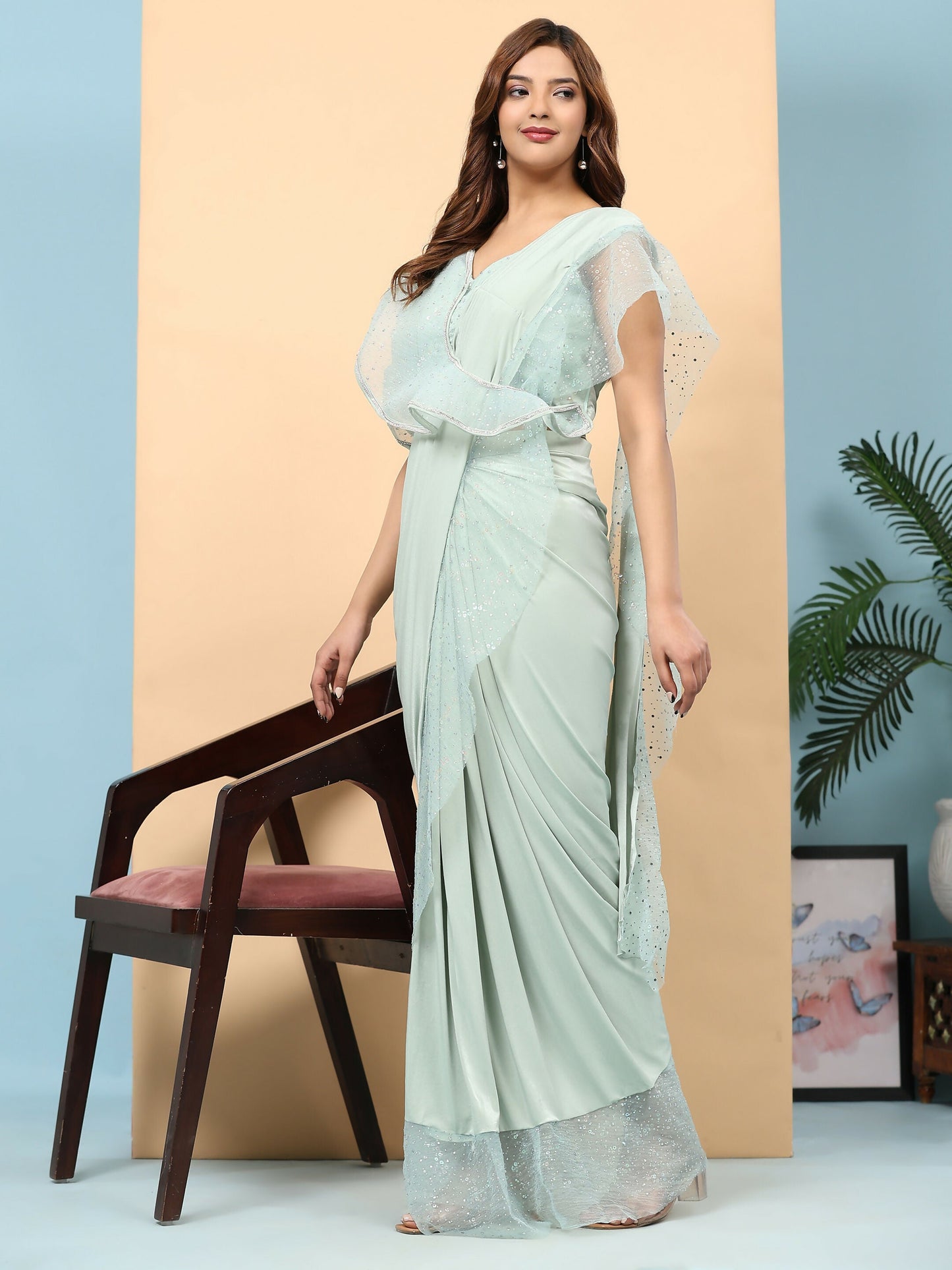 Light Blue Lycra Solid Ready to Wear Saree with stitched Blouse - Nita | Swadesiicart