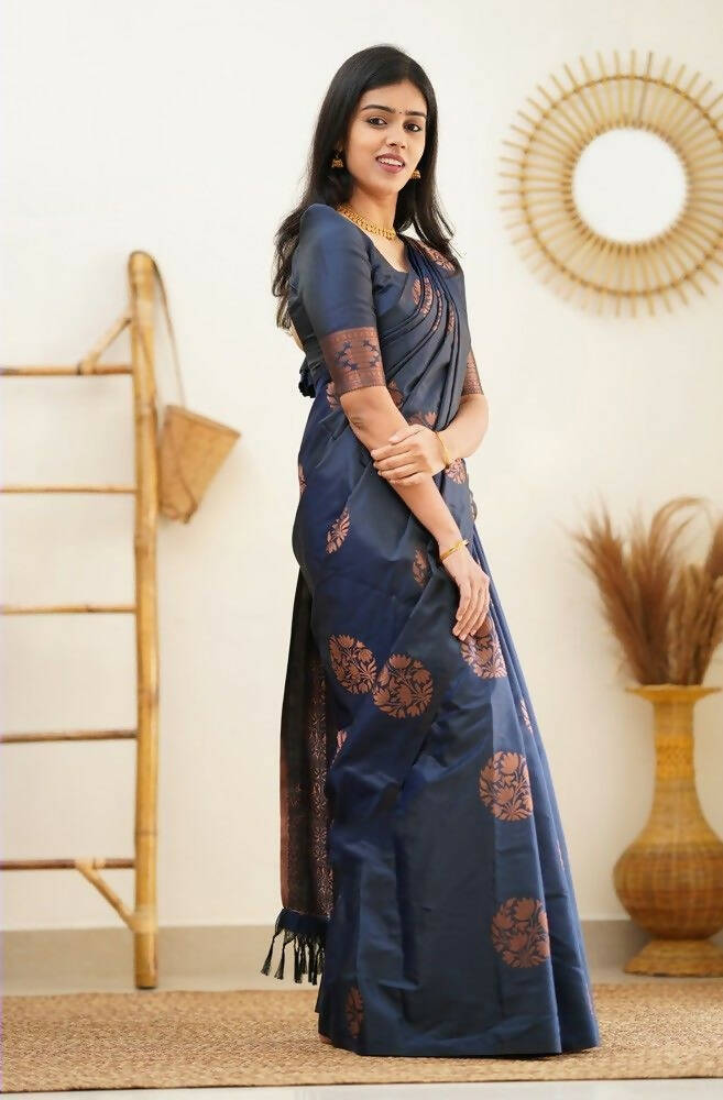 DEIANA'S Beautiful Designer Golden zari Soft Lichi Silk Saree - Navy Blue - Swadesiicart