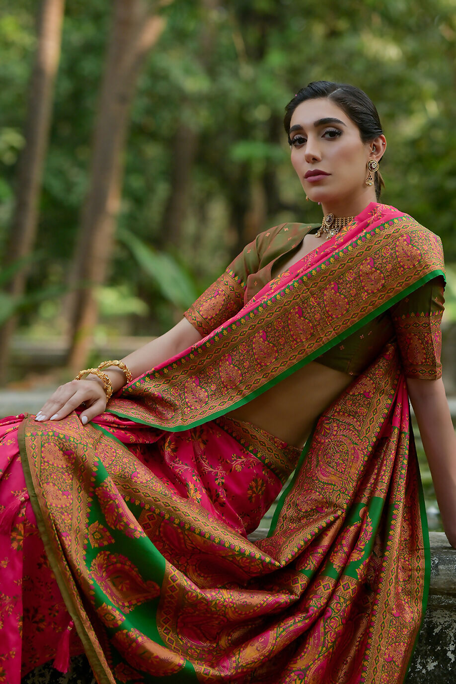 Vishnu Weaves Women's Pink Pashmina Silk Thread Woven Saree with Blouse - Swadesiicart