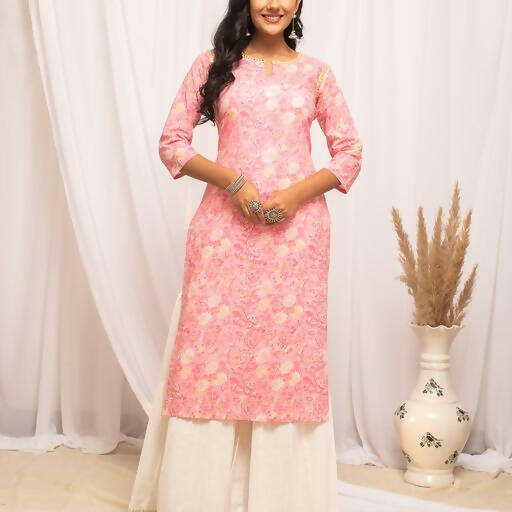 FIORRA Women's Floral Printed Peach Cotton Straight Kurta - Swadesiicart