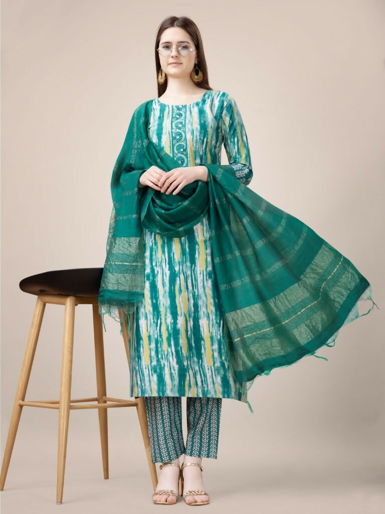 Jyoti Fashion Women's Teal Rayon Print with Embroidery & Fancy Lace Work Kurta with Trouser & Dupatta | Swadesiicart