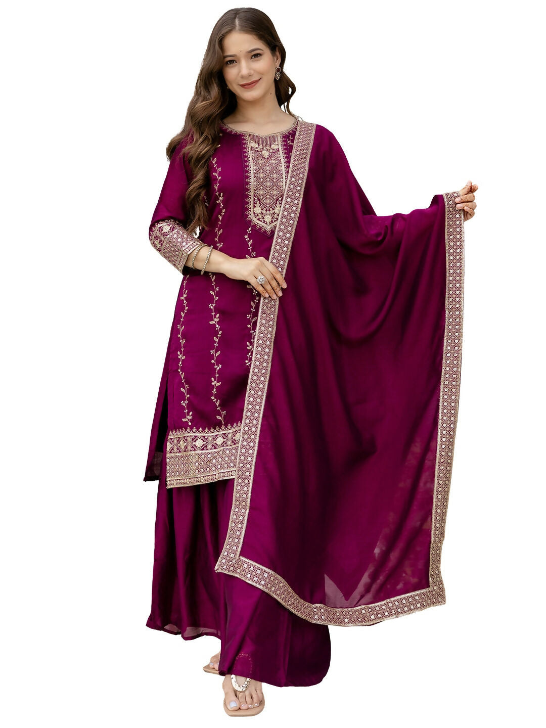 The52 Wine Beautiful Embroidered Vichitra Silk Fabric Straight Kurta, Palazzo and Dupatta Set - Swadesiicart