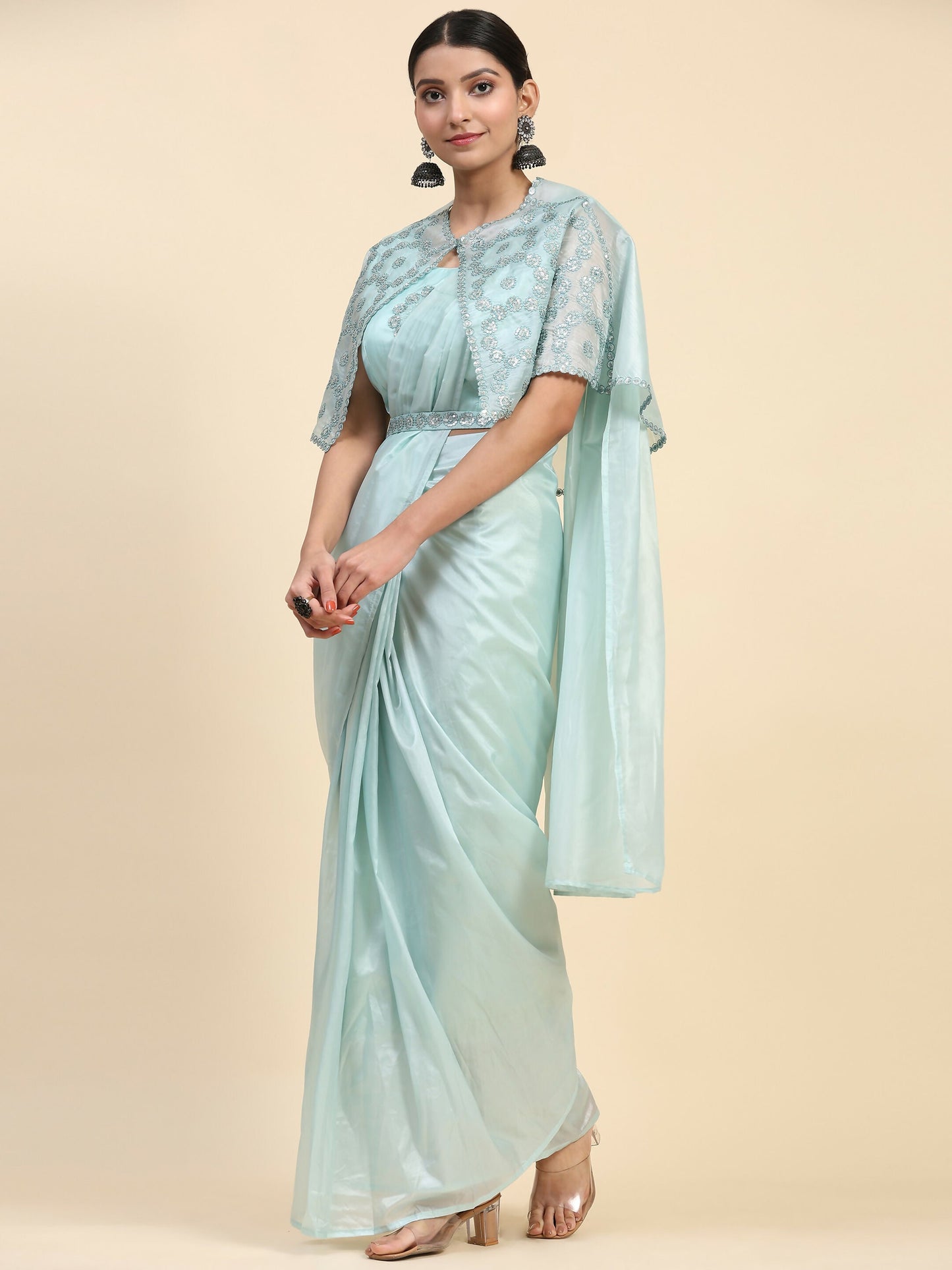 Blue Satin Solid Ready to wear Saree with stitched Blouse - Vanita | Swadesiicart