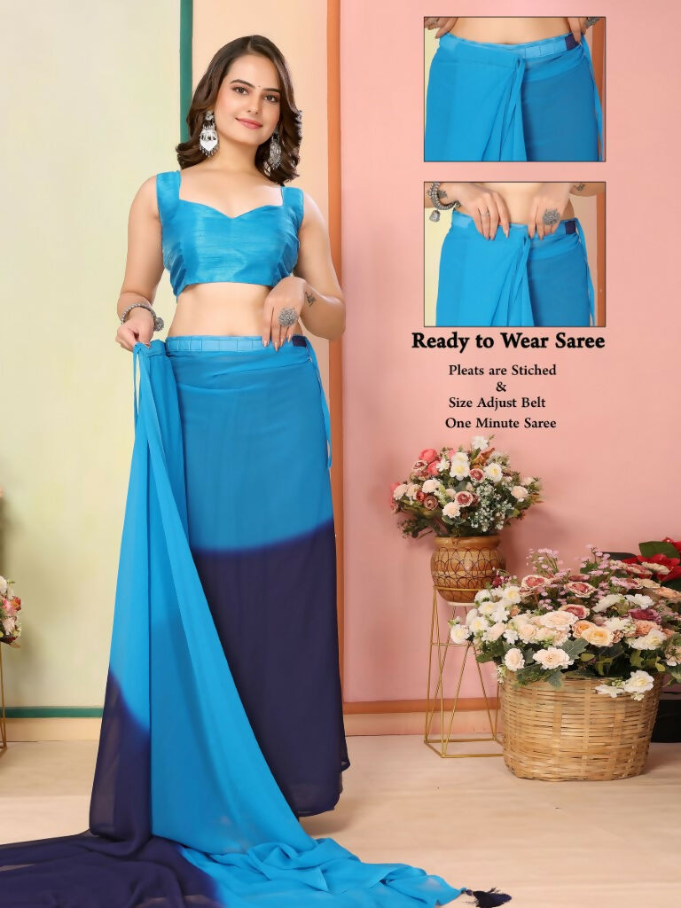 Blue Georgette Pedding Color Printed Ready To Wear Saree - Aalaya | Swadesiicart