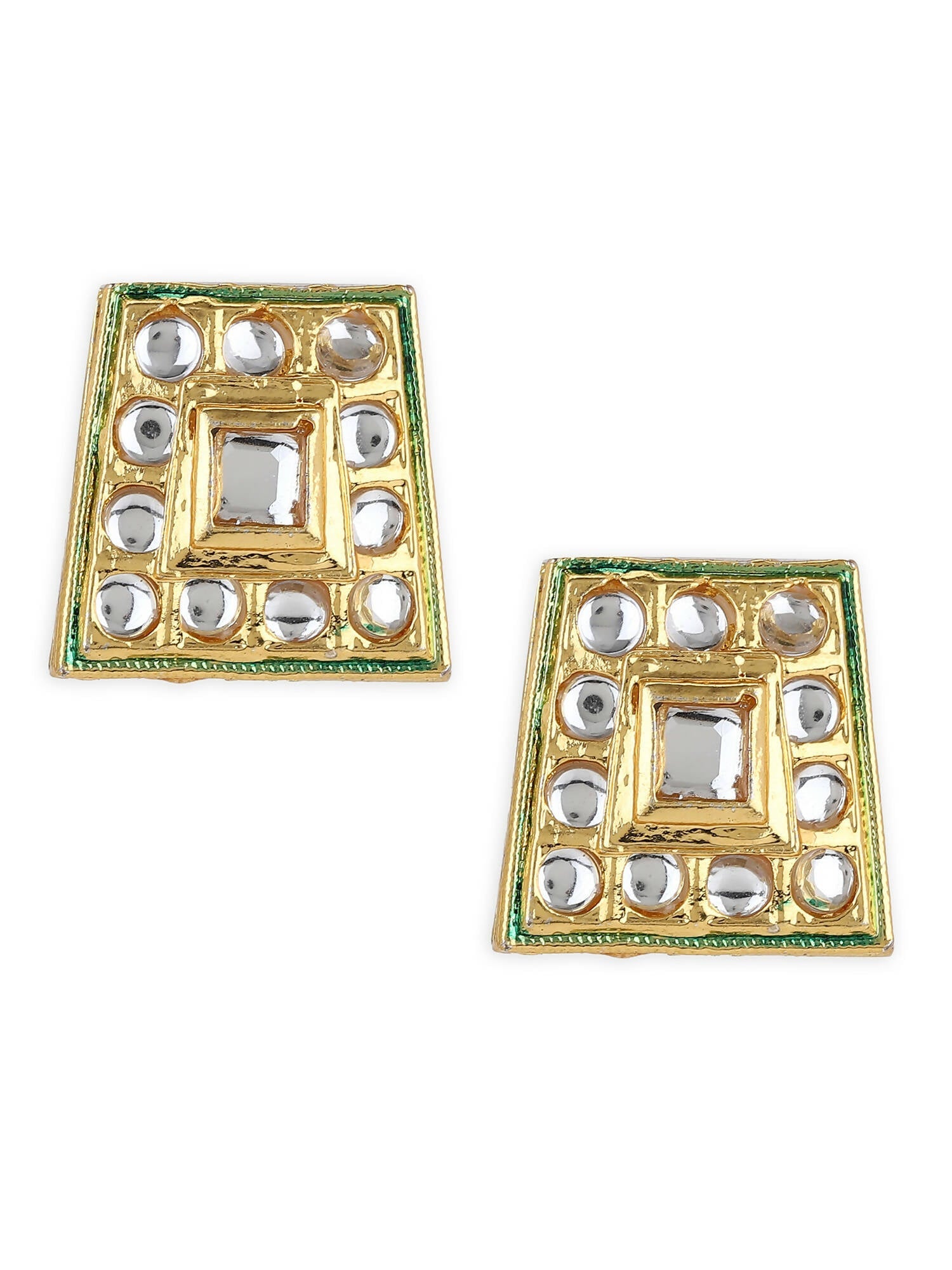 Gold-Toned White Kundan Square Shaped Gold-Polished Studs Earrings - Ruby Raang | Swadesiicart