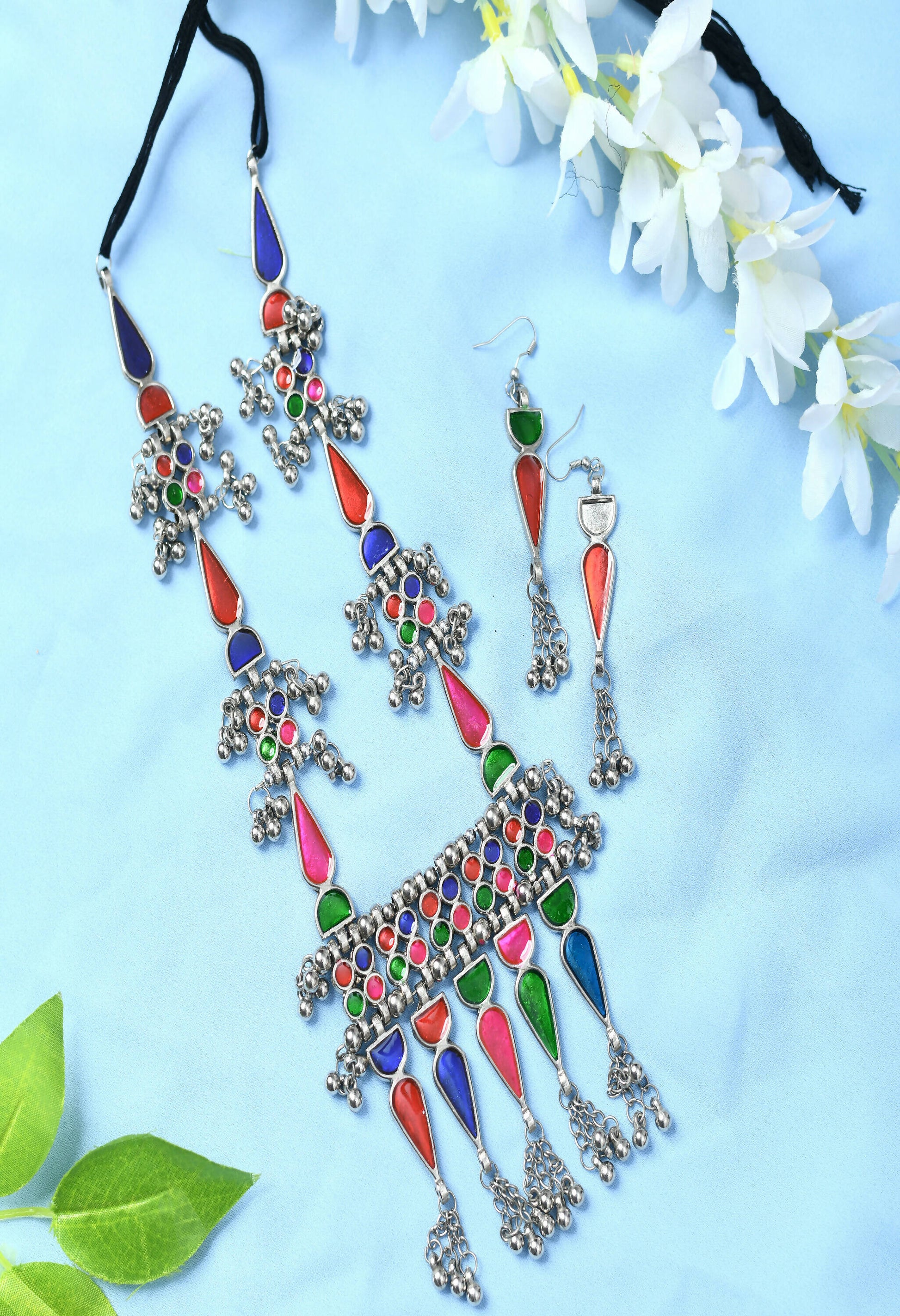 Mominos Fashion Johar Kamal Oxidised Silver-Plated Meenakari Multi Long Necklace Set For Women - Mominos Fashion