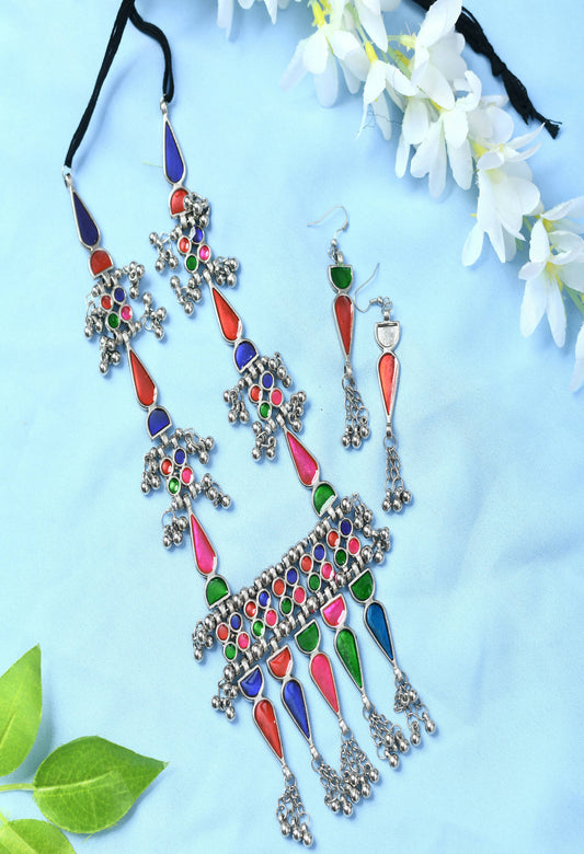 Mominos Fashion Johar Kamal Oxidised Silver-Plated Meenakari Multi Long Necklace Set For Women - Mominos Fashion