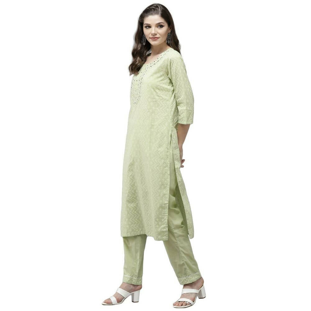 Anubhutee Women's Cotton Regular Bandhani Print Mirror Work Green Kurta Set | Swadesiicart