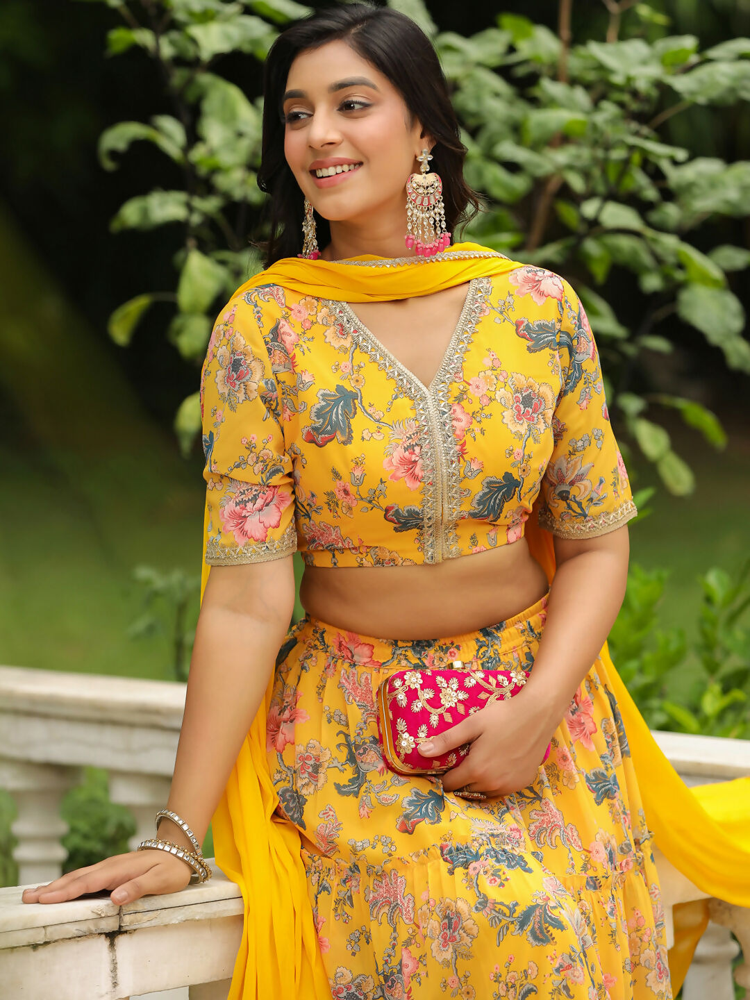 Janasya Yellow Georgette Floral Lehenga Choli Dupatta | Swadesiicart