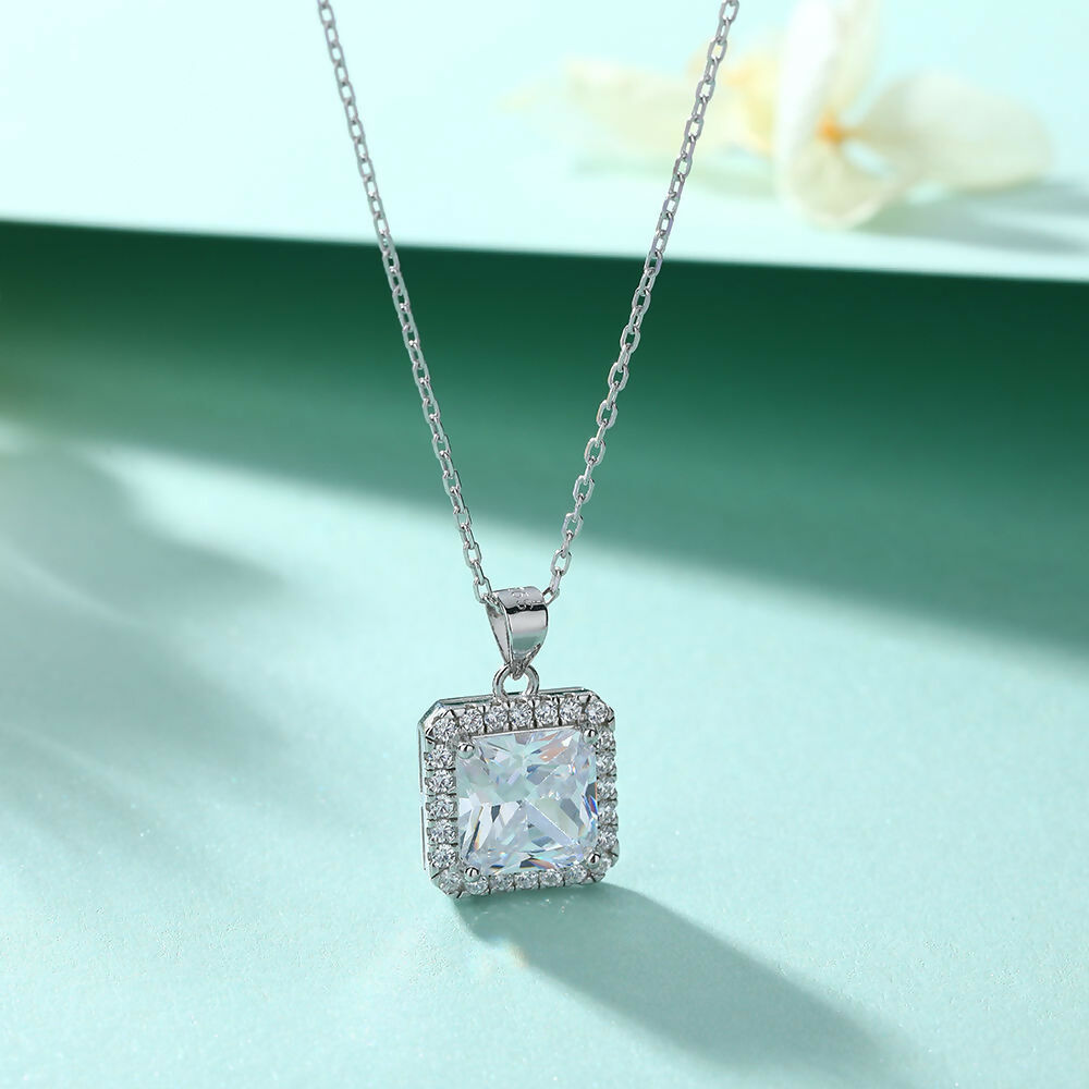 Cauer Radiant Moissanite Pendant Necklace in 925 Sterling Silver, White Gold Plated | Swadesiicart