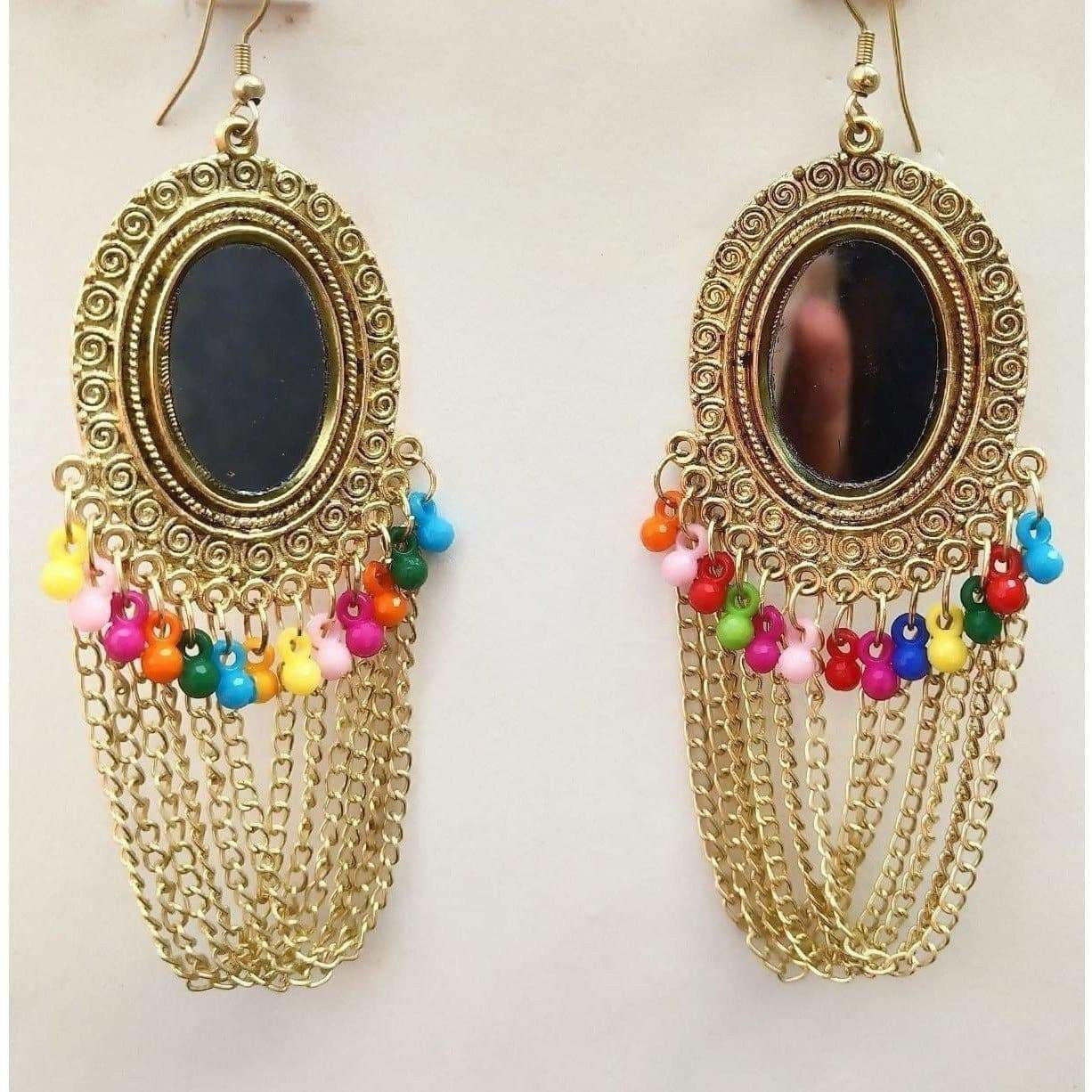 MS Fashion India Fancy Gold-Polished Mirror Traditional Chains Wedding Wear Earrings | Swadesiicart
