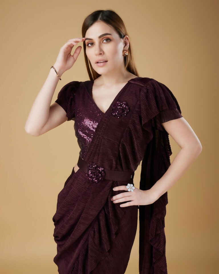 Wine Imported Crush Solid Ready to Wear Saree with stitched Blouse - Aayan | Swadesiicart
