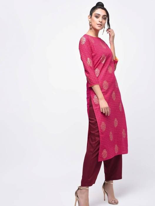 Aniyah Cotton Block Printed Pink Color Straight Kurta (AN-136K) - Swadesiicart
