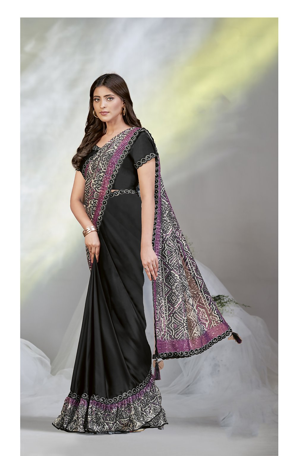 Black Crepe Satin Silk Designer Ready to wear saree with stithced Blouse - Mohmanthan Aura | Swadesiicart