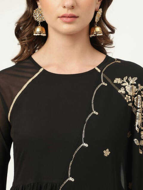 FIORRA Women's Black Poly Crepe Flared Kurta Pant With Dupatta - Swadesiicart