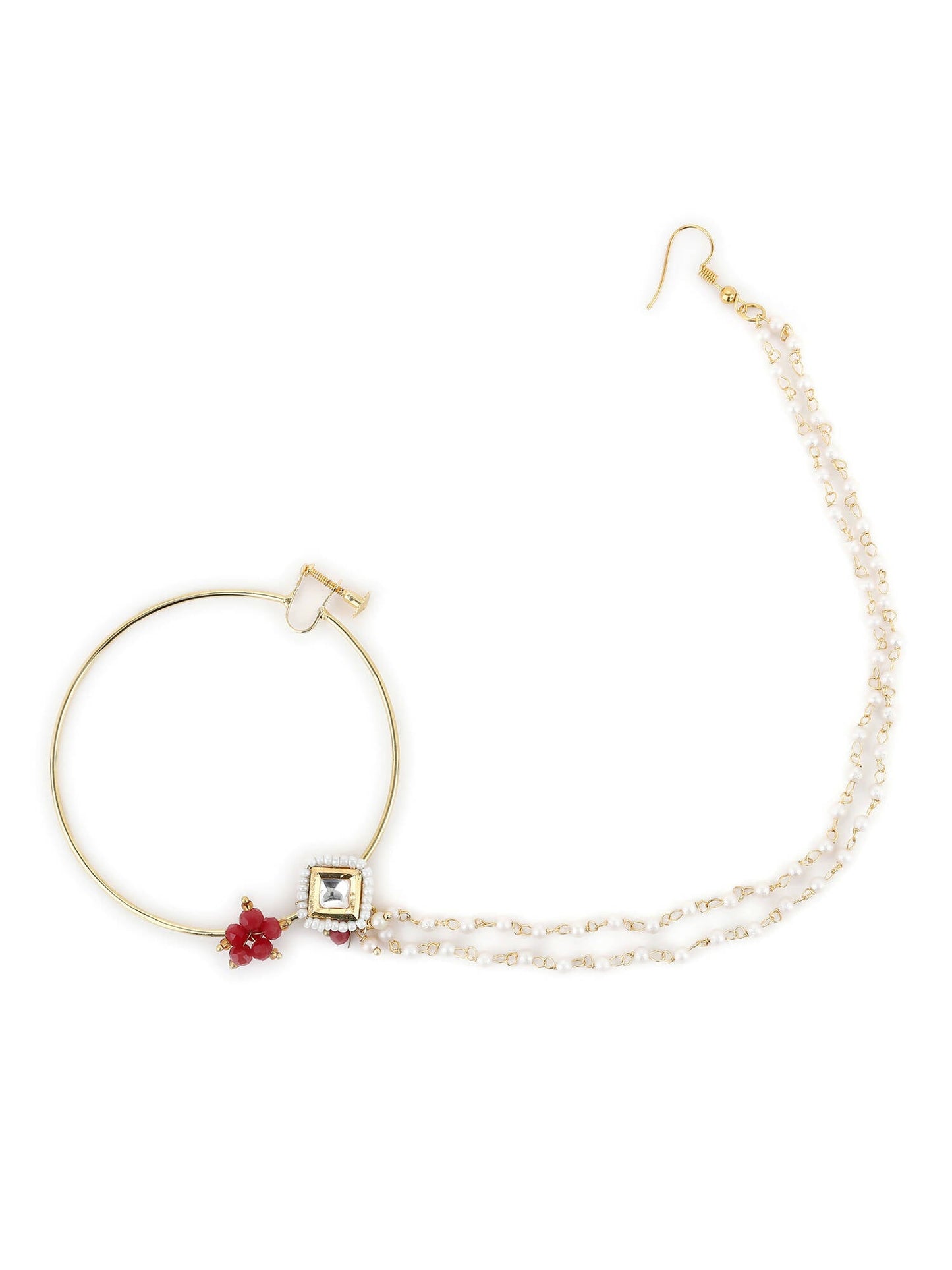 Gold-Polished White Red Kundan-Studded Pearl Beaded Nosepin - Ruby Raang | Swadesiicart