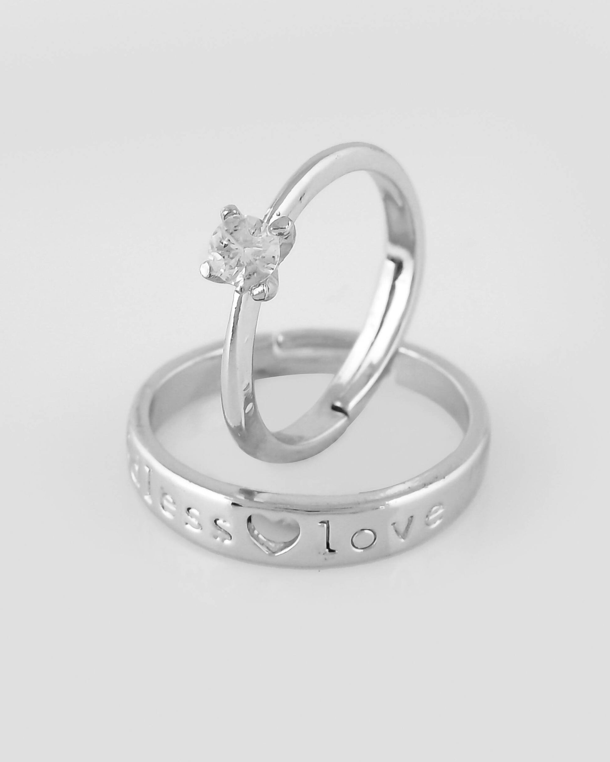 VOJ Stainless Steel Cubic Zirconia Silver Plated Adjustable Ring Set for Couple | Swadesiicart