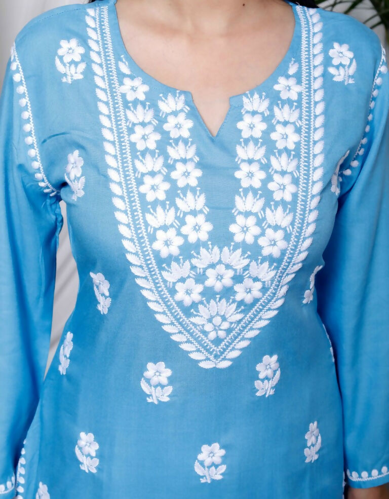 Miravan Women's Chikankari Embroidery Sky Blue Straight Kurta And Palazzo | Swadesiicart