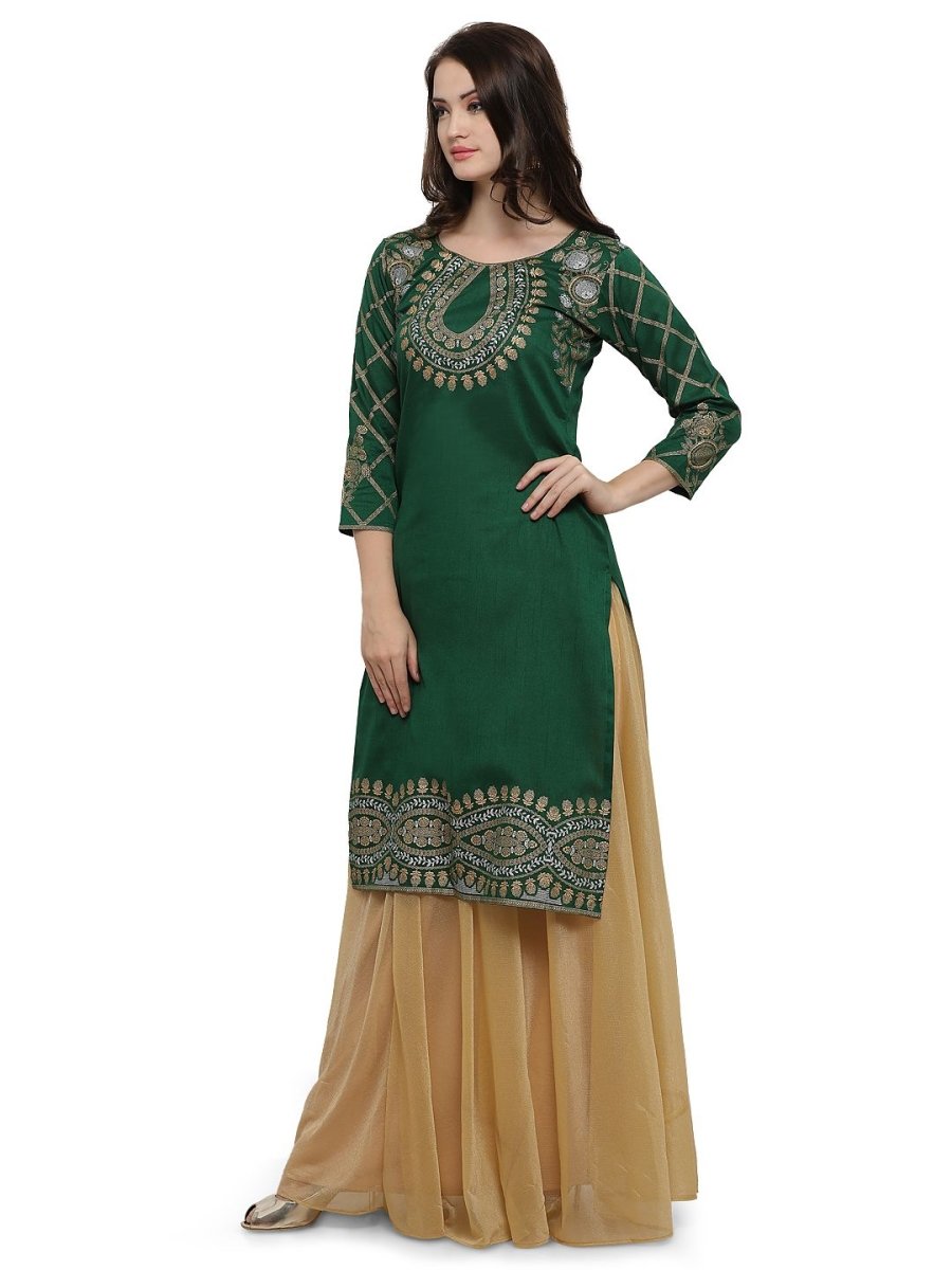 Ahalyaa Women's Green Poly Silk Gold Foil Print Kurta | Swadesiicart