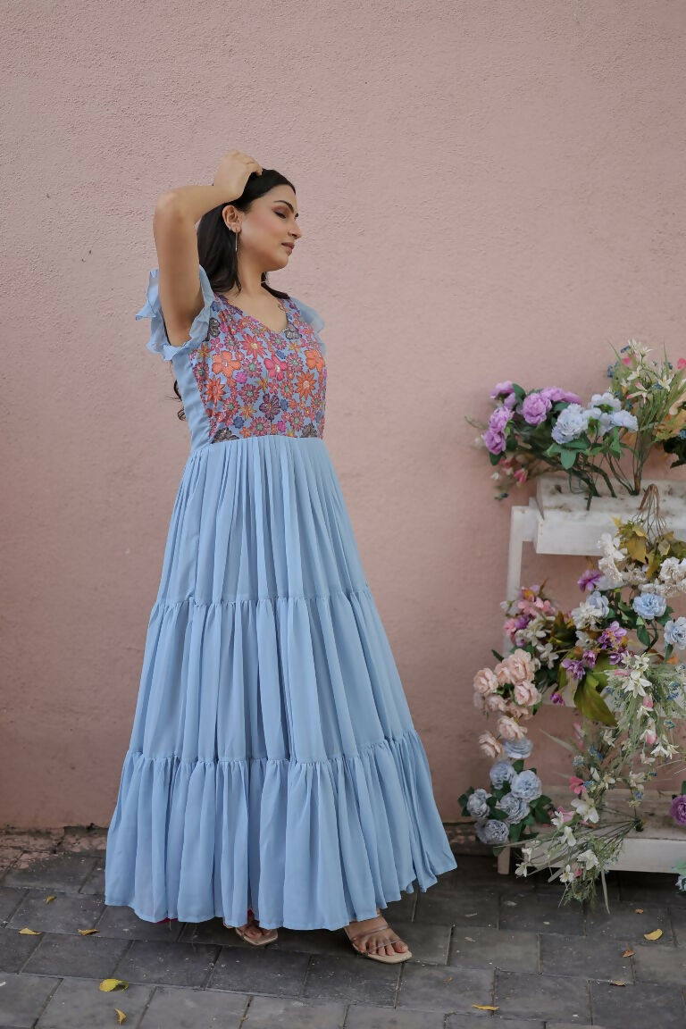 Jyoti Fashion Women's Grey Printed with Sequins Faux Georgette Anarkali Dress | Swadesiicart