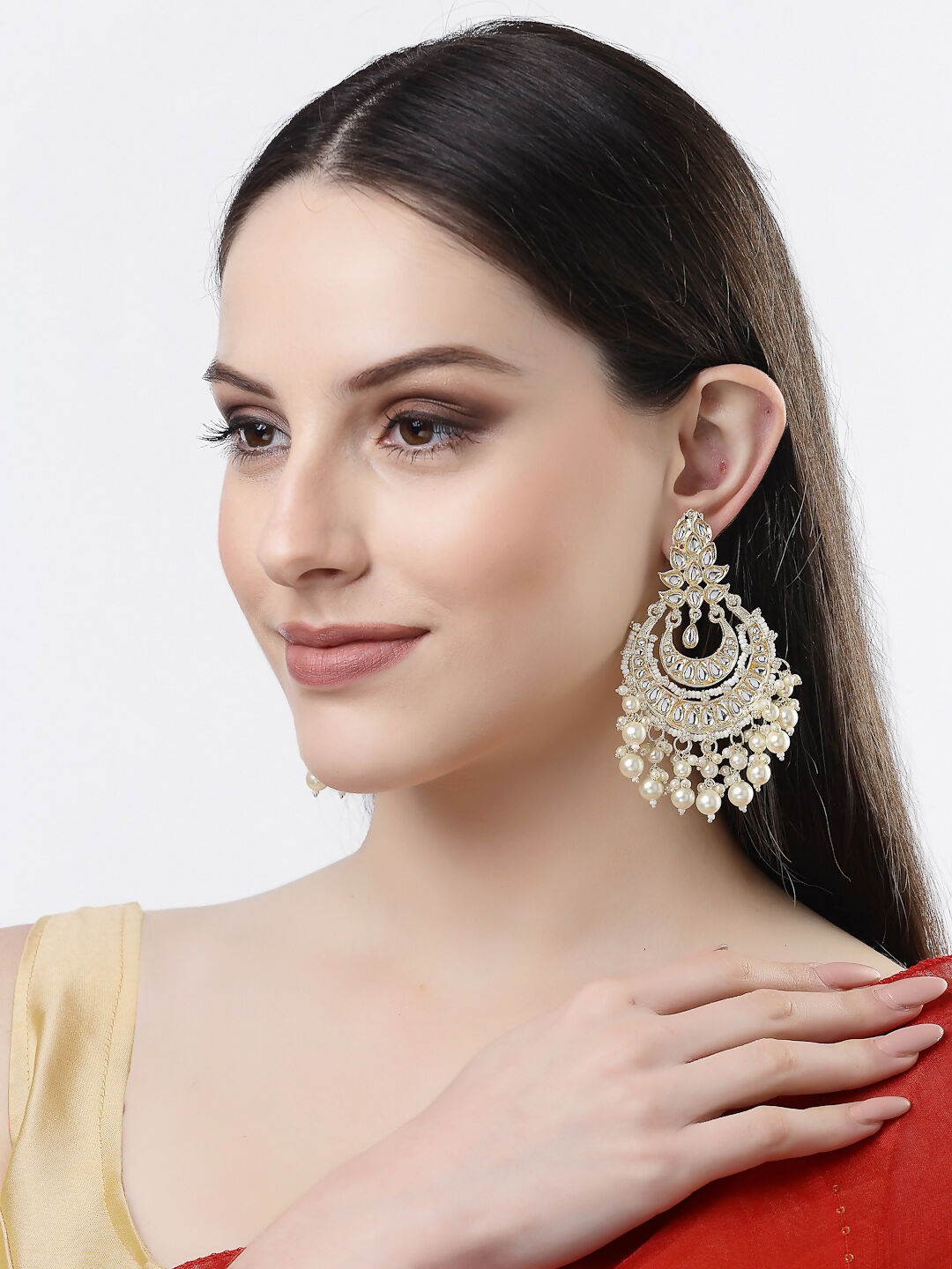 NVR Women Gold-Polished Kundan Chandbali Earrings | Swadesiicart