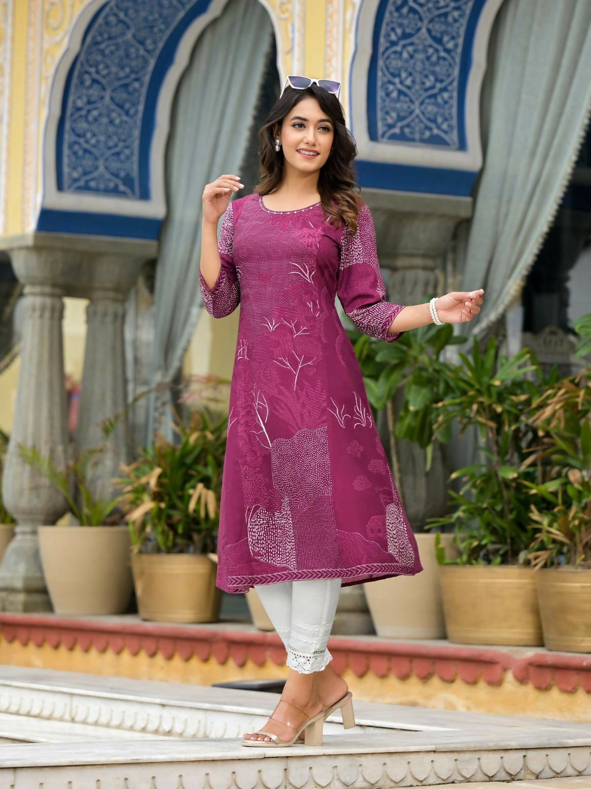Juniper Women's Wine Beautiful Printed Liva Rayon A-Lined Kurta For Women - Swadesiicart