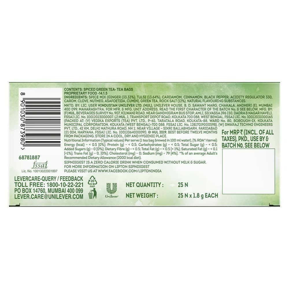 Lipton SipNDigest With Tulsi & Rock Salt Ginger Green Tea Bags - Swadesiicart