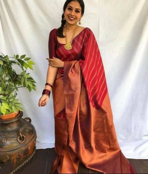 DEIANA'S Beautiful Designer Golden zari Soft Lichi Silk Saree - Brown - Swadesiicart