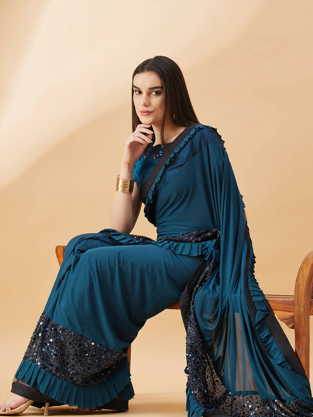 Peacock Blue Lycra Sequins Fabric. Frill Details, Handwork Buttis Saree - Norita Hit Design - Swadesiicart