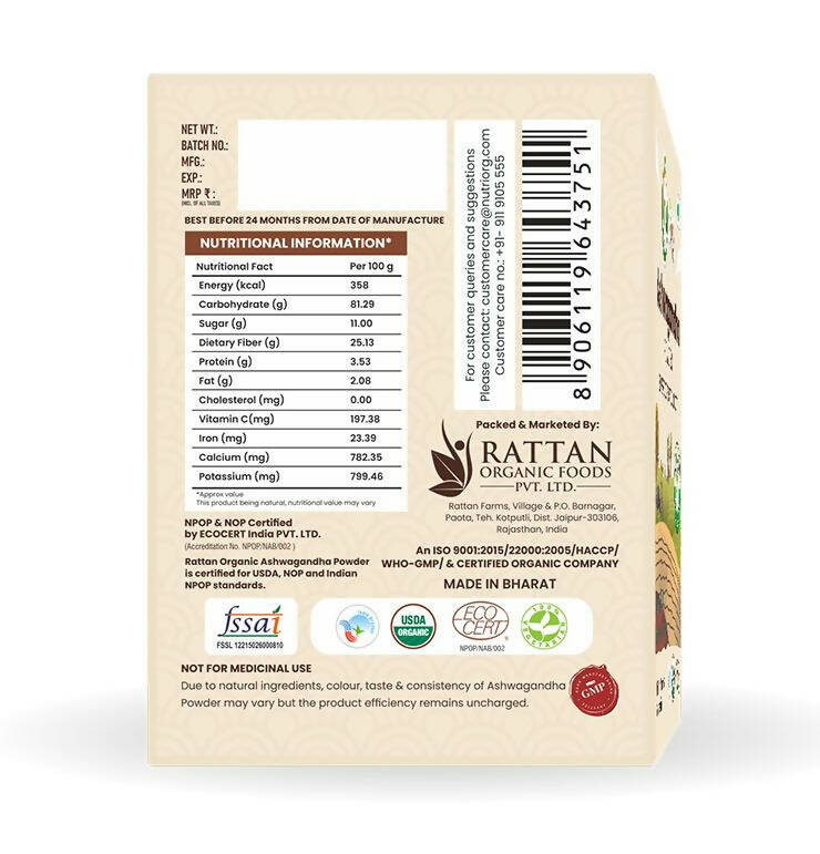 Nutriorg Certified Organic Ashwagandha Powder - Swadesiicart