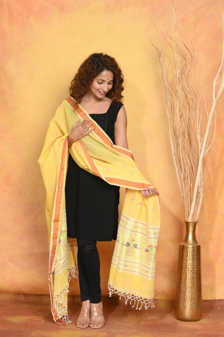 Very Much Indian Handloom Pure Cotton Paithani Dupatta - Yellow | Swadesiicart