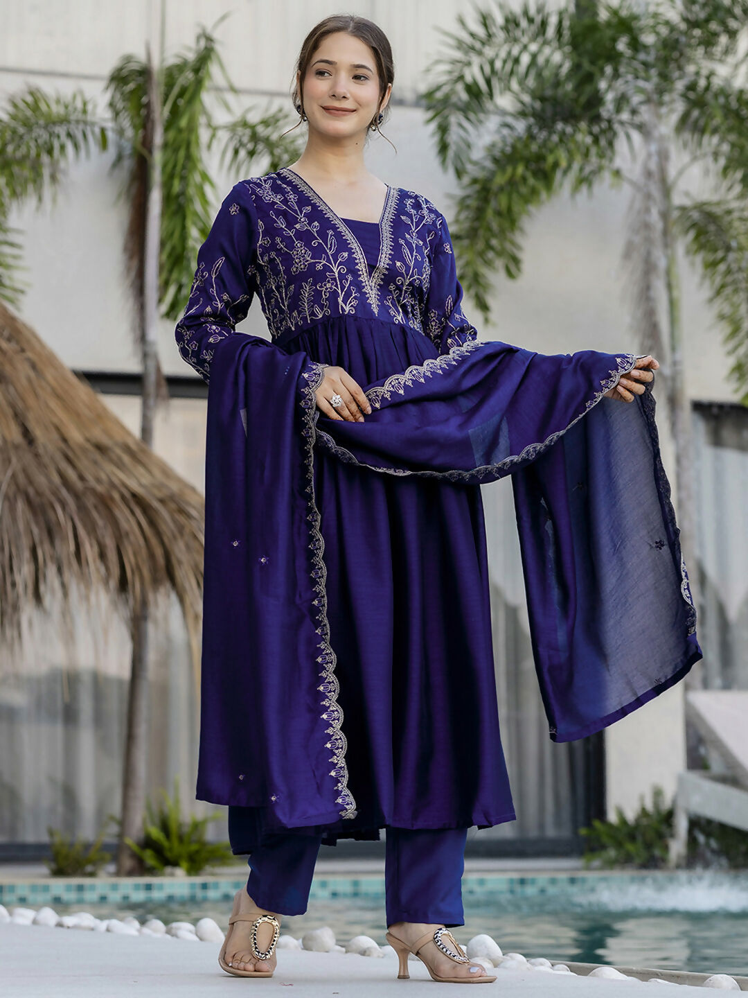 The52 Blue Women's Beautiful Embroidered Vichitra Silk Fabric with Flared Kurta, Pant and Dupatta Set - Swadesiicart