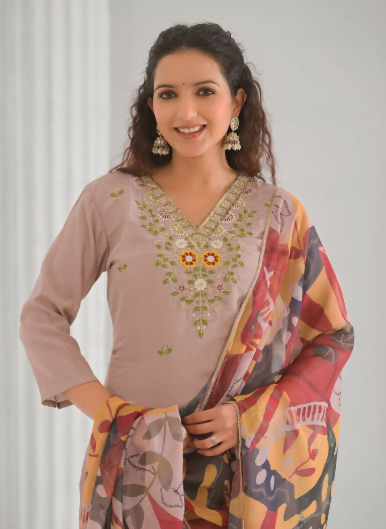 Ethnic Festive Wear Chanderi with Cotton Lining Beige Stitched Suit With Dupatta - Tanisha | Swadesiicart