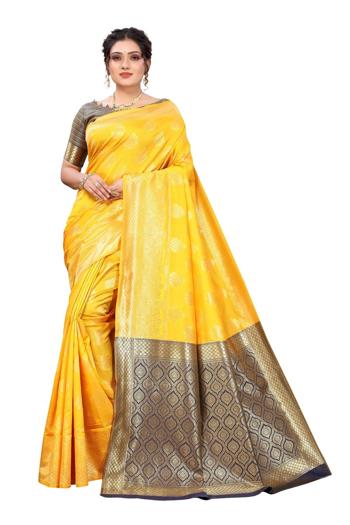 Vamika Ethnic Fire Yellow Weaving Banarasi Jacquard Saree | Swadesiicart