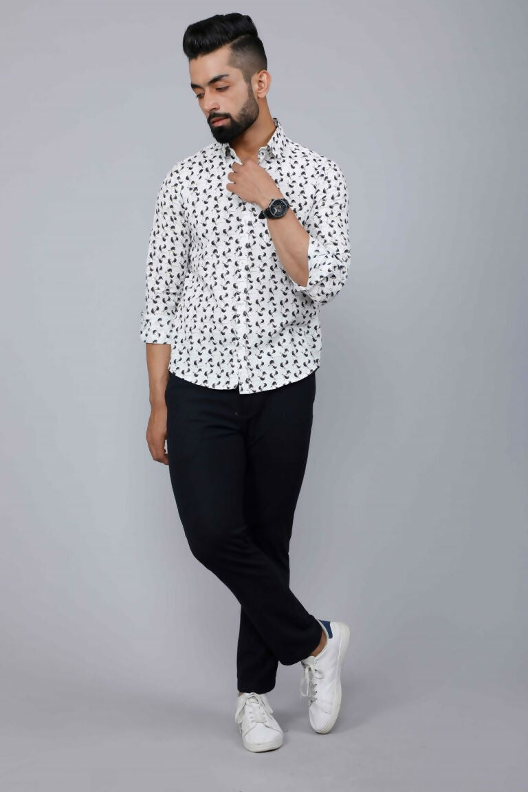 Miravan Men's White Spread Collar Bird Print Casual Shirt | Swadesiicart