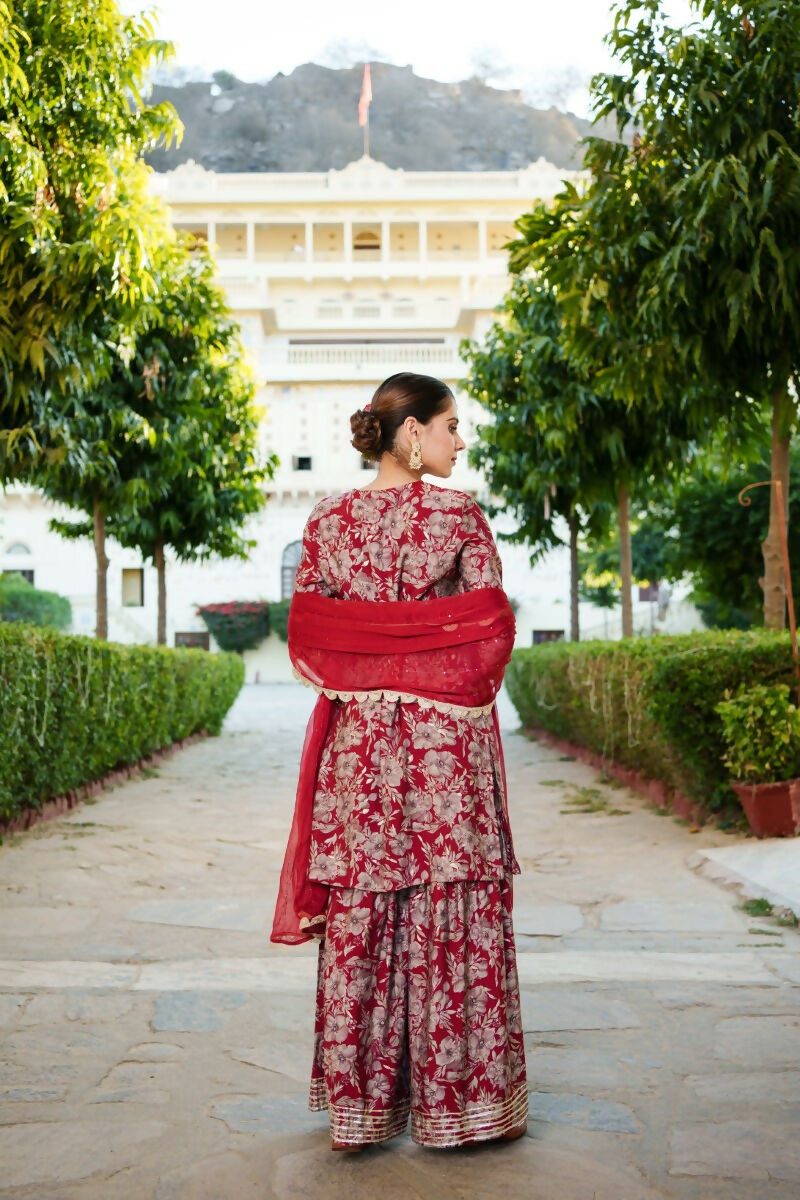 Vaasva Women Maroon Muslin Floral & Embroidered Cut Work Kurta ,Sharara & Dupatta set | Swadesiicart