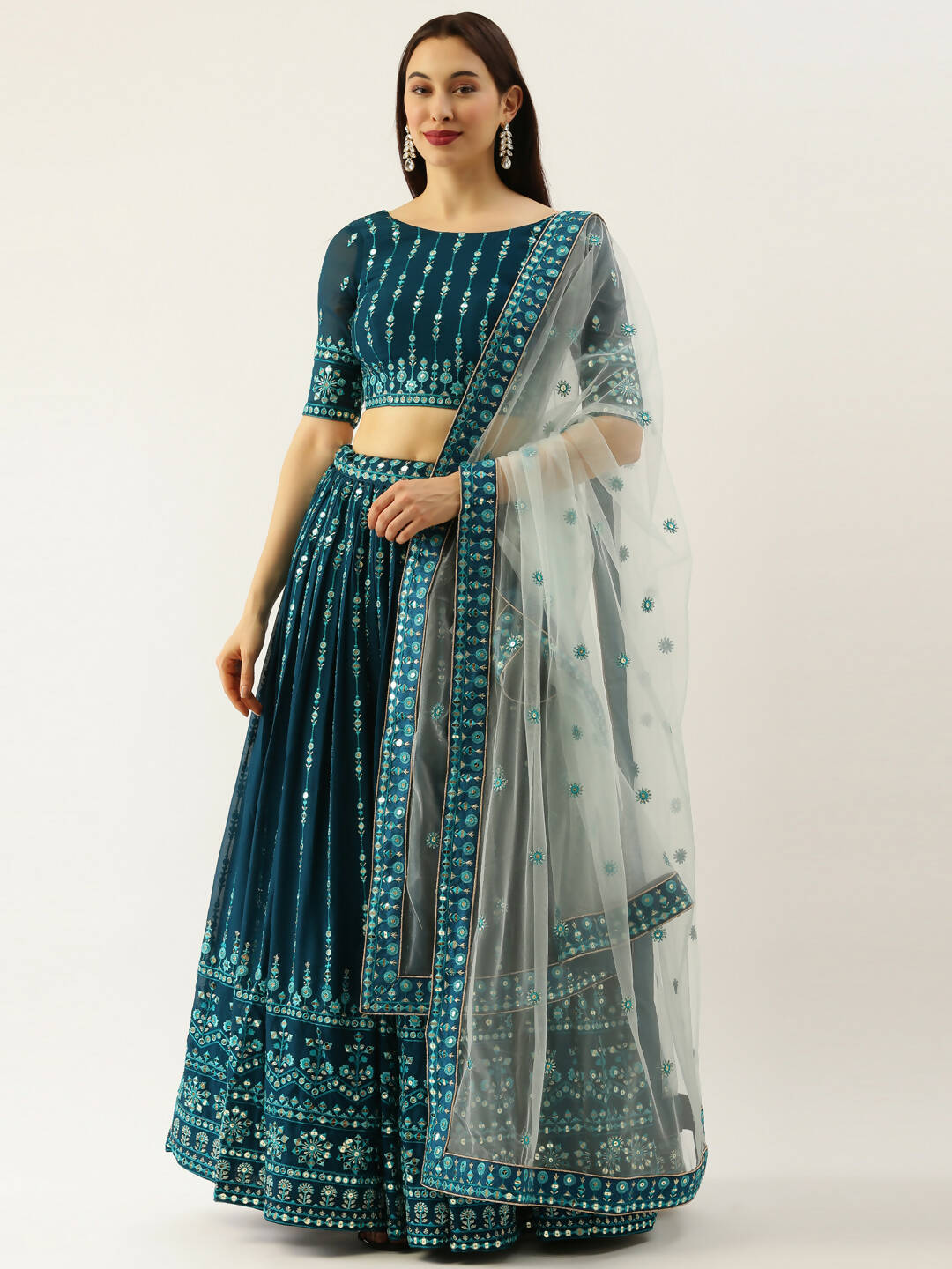 House of Panchhi Women Teal Georgette Sequins Work Lehenga & Blouse with Dupatta | Swadesiicart