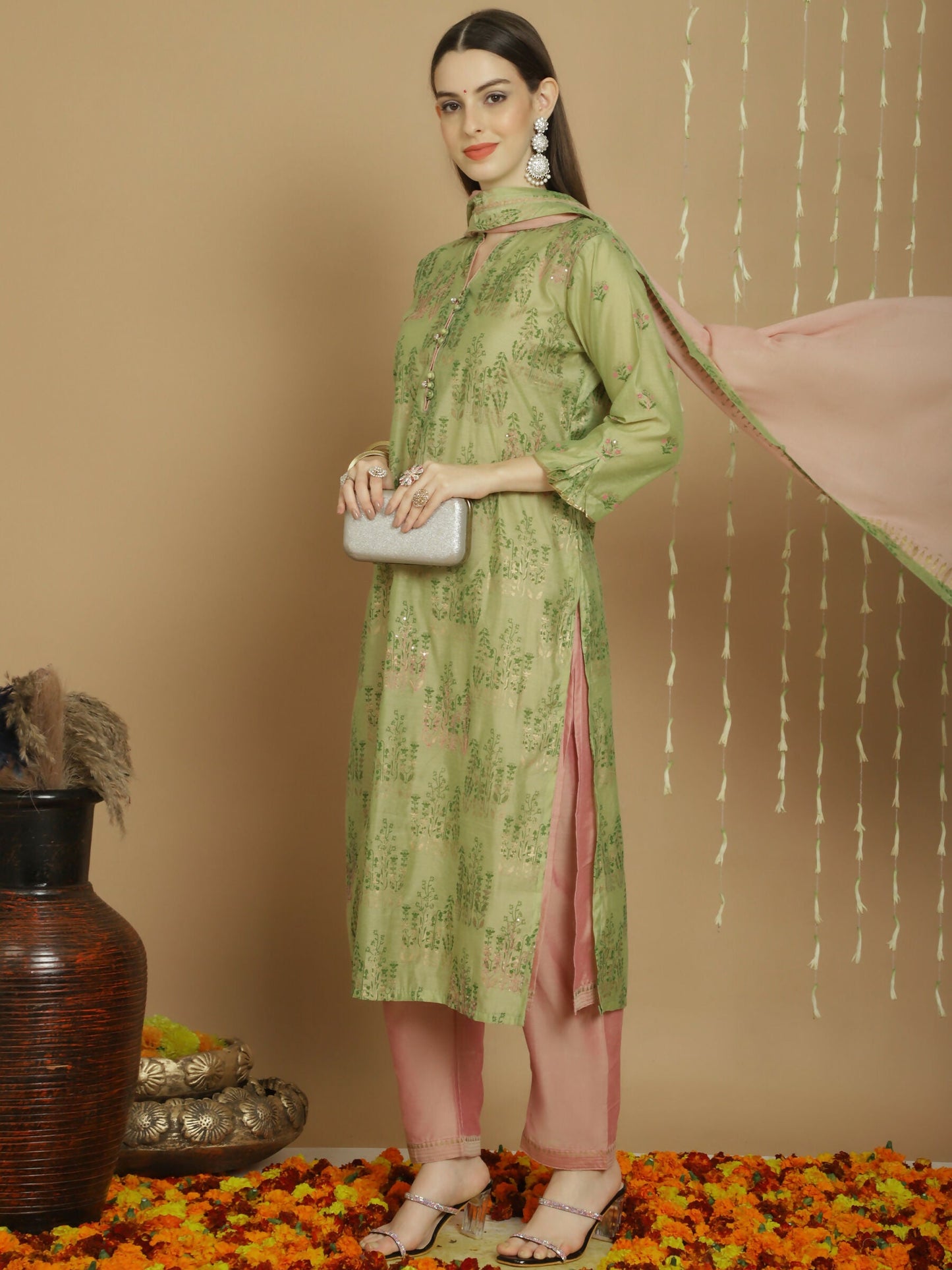 Jyoti Fashion Women's Green Chanderi Silk Elegant Jardoshi Semi Kurta with Trouser & Dupatta | Swadesiicart