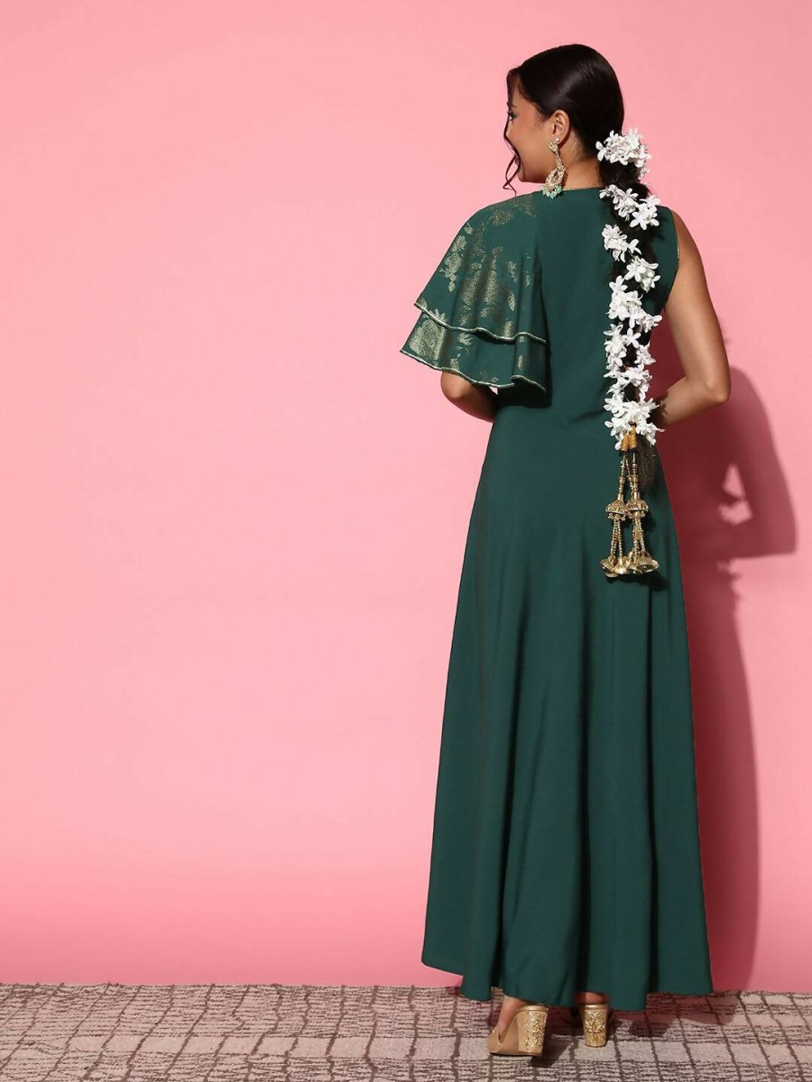 Ahalyaa Gorgeous Green Ethnic Motifs Ruffled Dress | Swadesiicart