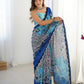 Blue Chinon Designer Digital Printed,Mirror Cut Work Saree - Manvika