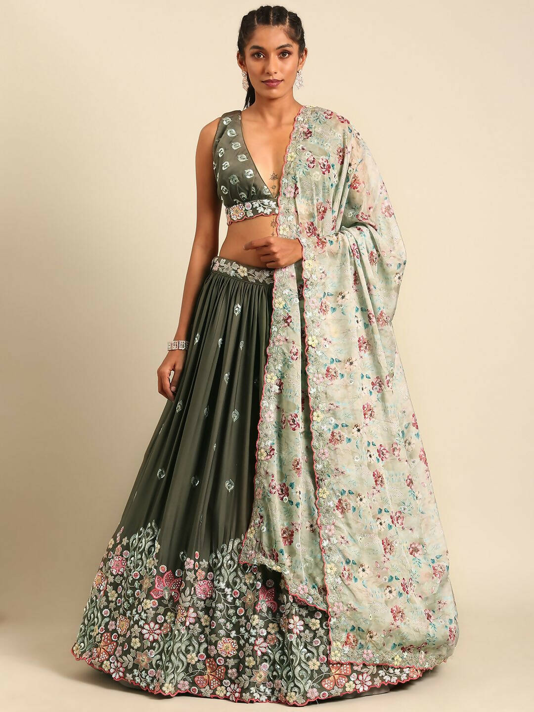 House of Panchhi Olive Chinon Sequins embroidery Lehenga choli & Dupatta | Swadesiicart