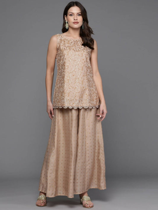 Ahalyaa Women Floral Printed Top with Palazzos - Tan Color | Swadesiicart