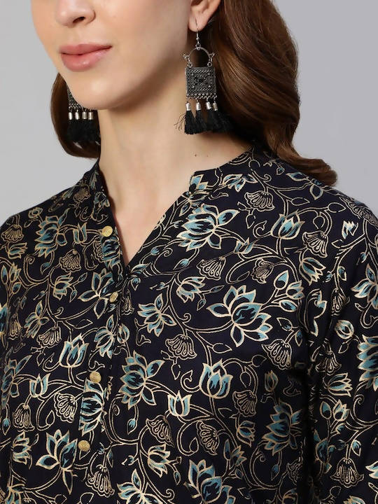 Anubhutee Navy Blue & Gold Ethnic Motifs Foil Printed Kurti | Swadesiicart